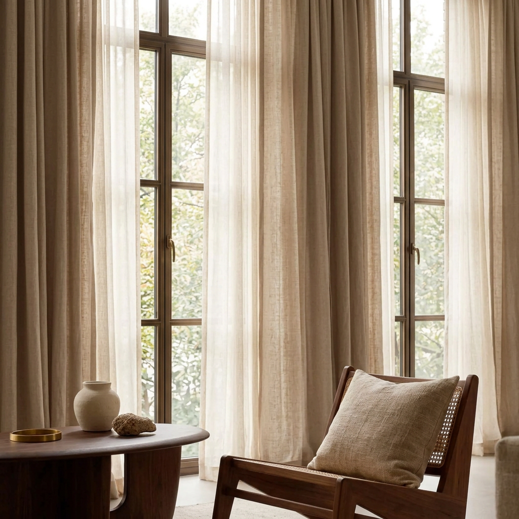 Windows in a warm neutral interior with ivory drapes and rich wood accents