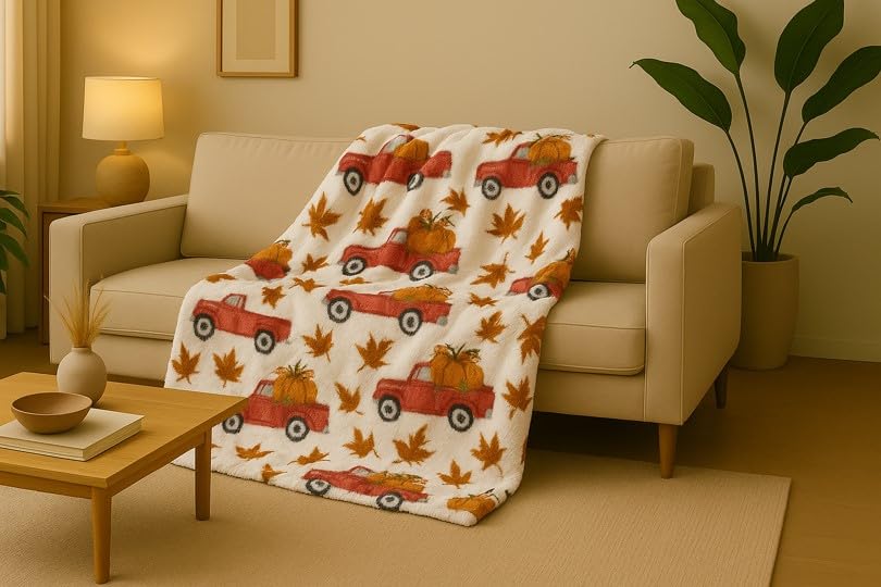 HGTH-011 - Fall Harvest Flannel Fleece Throw - Farmhouse Truck (60"x70")