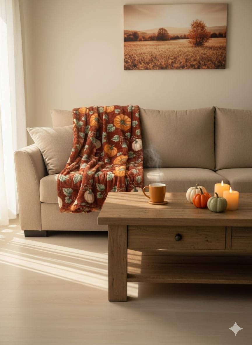 Pumpkin Vine Harvest Fall Reversible Flannel Fleece Throw (50x70)
