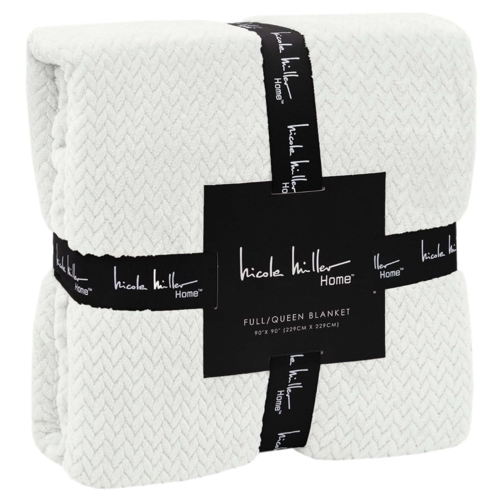 NMBL-011FQ - Nicole Miller Herringbone Jacquard Throw - Ivory (Queen)