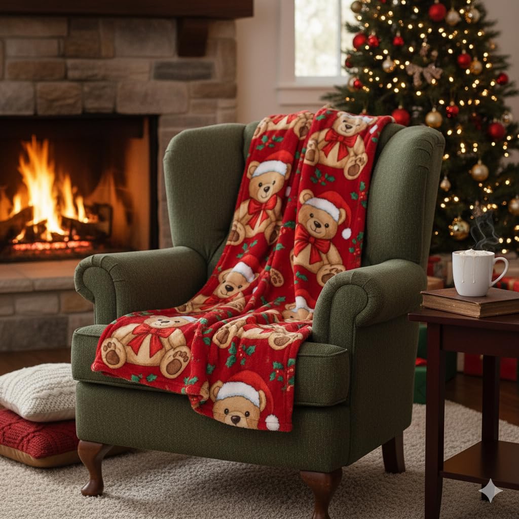 Holly Jolly Teddy Christmas Plush Throw (60x70)