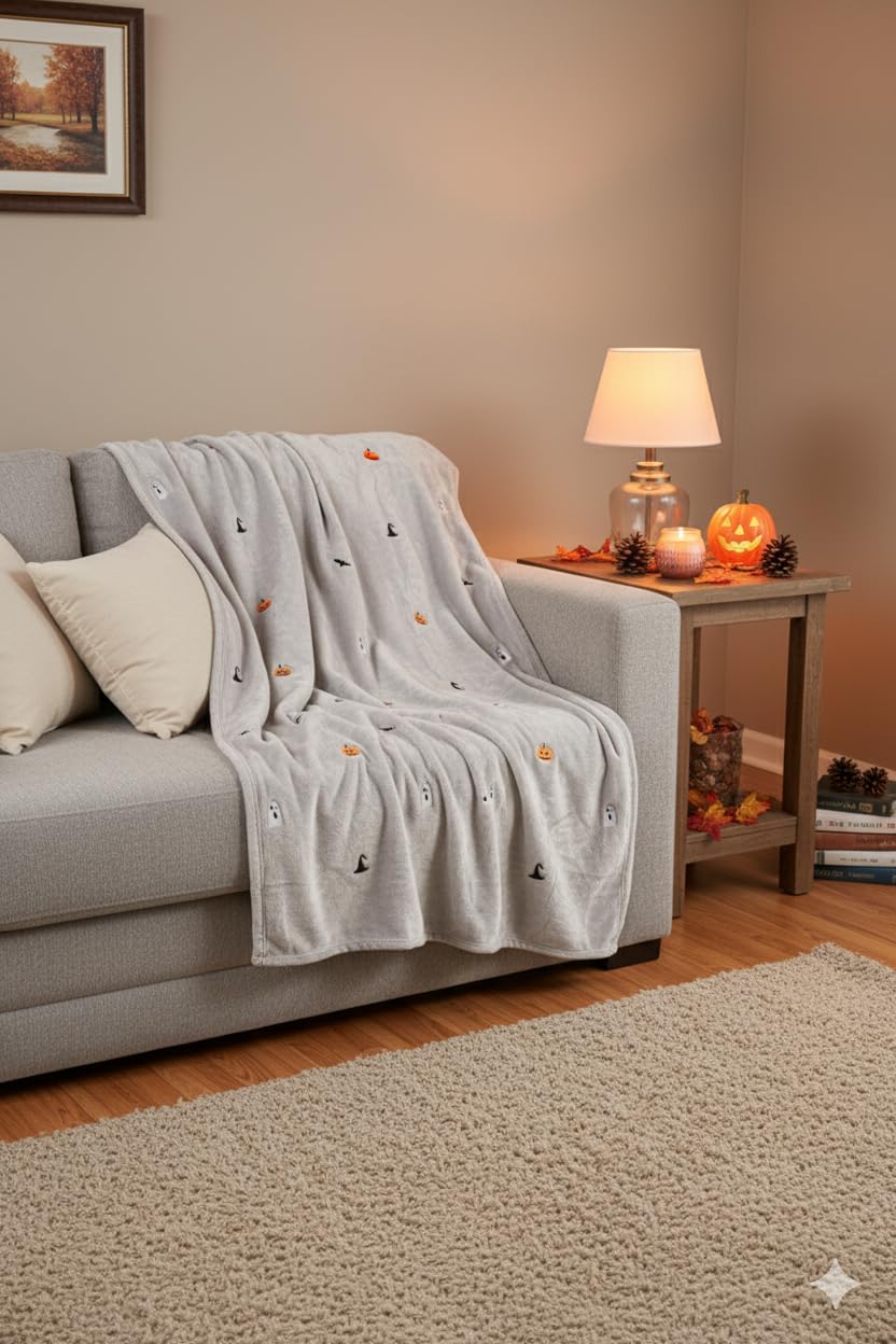 Pumpkin & Bat Halloween Reversible Flannel Fleece Throw (50x70)