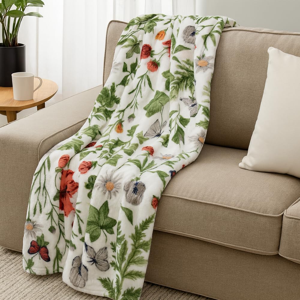 THF-3770H - Fall Harvest Flannel Fleece Throw - Pink/Green Floral (60x70)