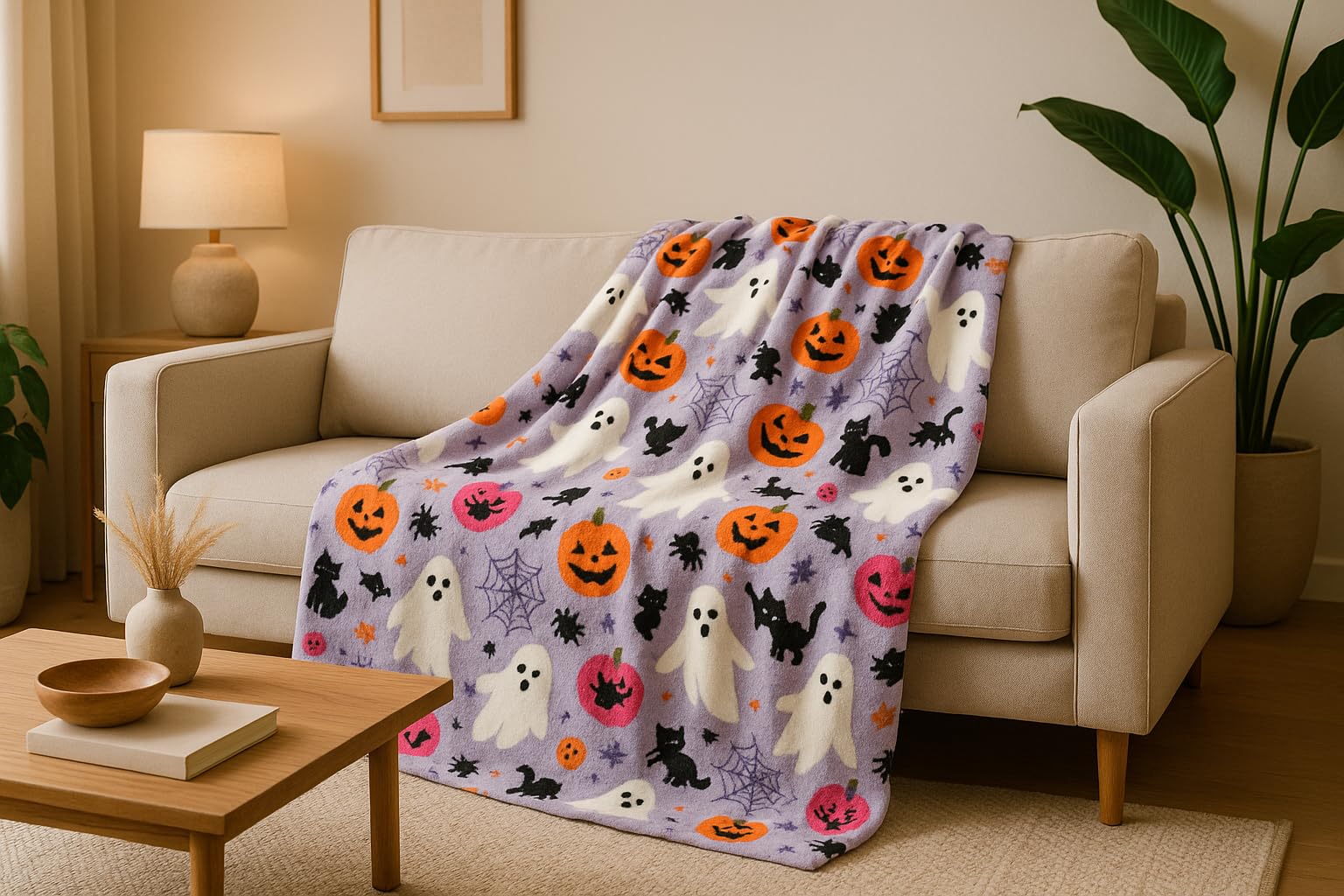 Pumpkin & Ghost Halloween Reversible Flannel Fleece Throw (50x70)