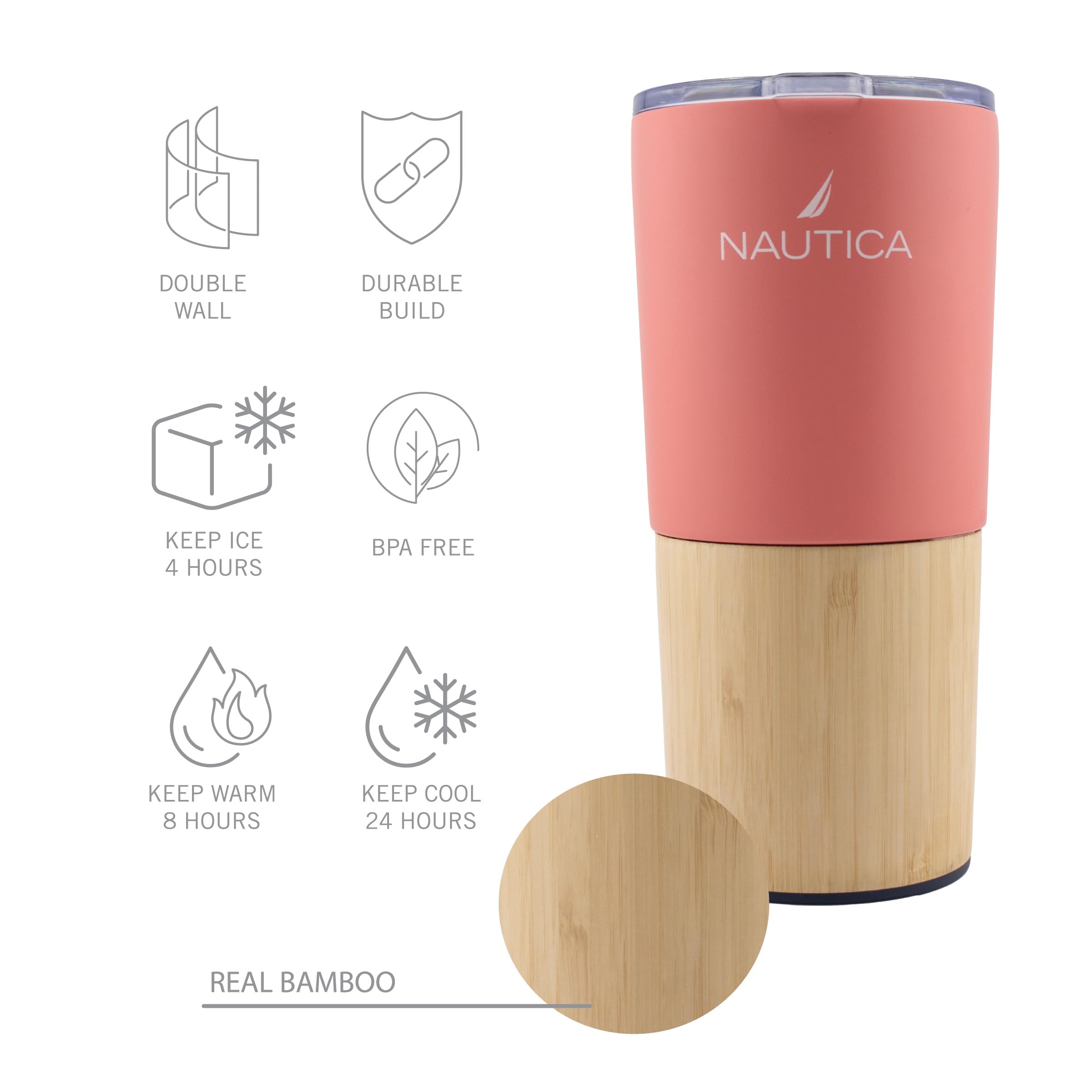 HY-021 - Nautica 18oz Insulated Tumbler with Bamboo Base - Coral