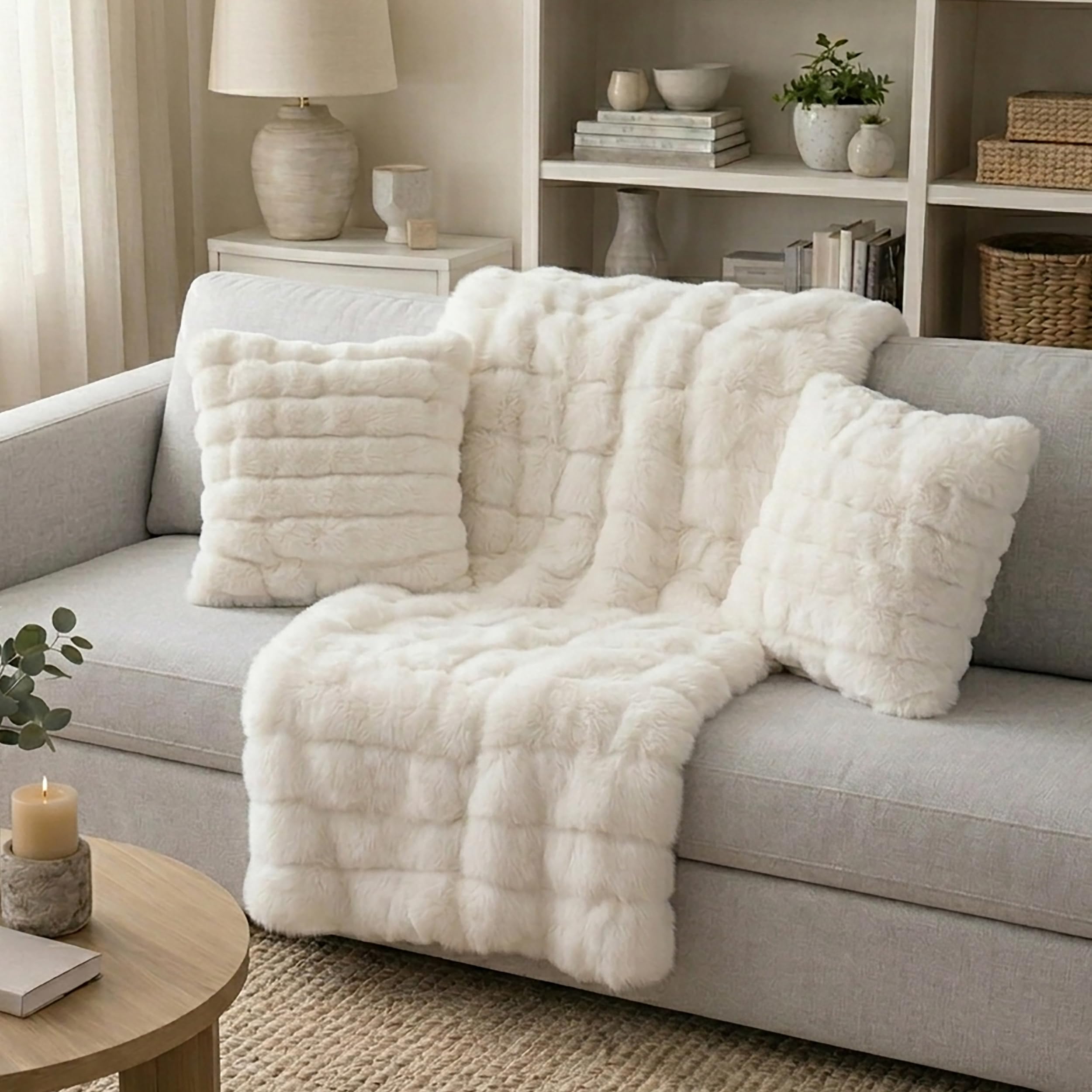 THRH-187F - Celebrity Home Scarlett Sculpted Faux Fur Throw - Ivory