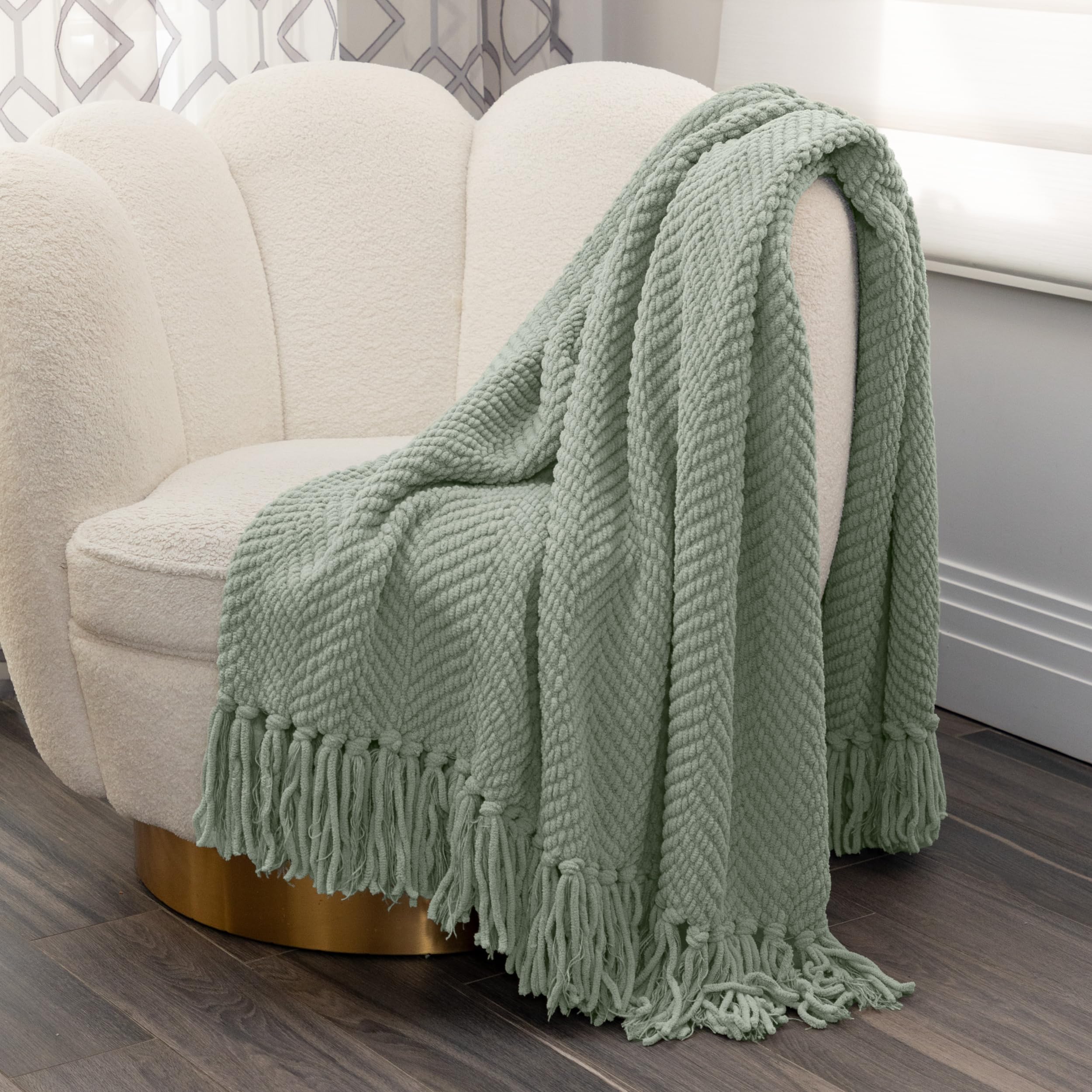 NMTHCH-009H - Nicole Miller Chloe Textured Knit Throw with Tassels - Sage