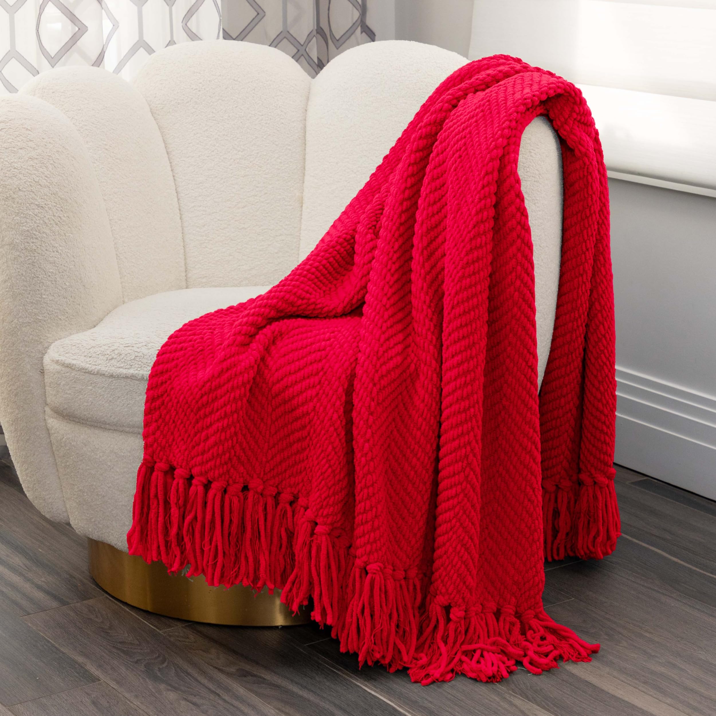 NMTHCH-039H - Nicole Miller Chloe Textured Knit Throw with Tassels - Tomato