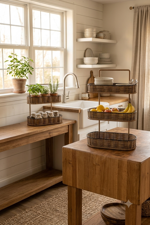 2-Tier & 3-Tier Woven Rattan Storage Caddy with Handle