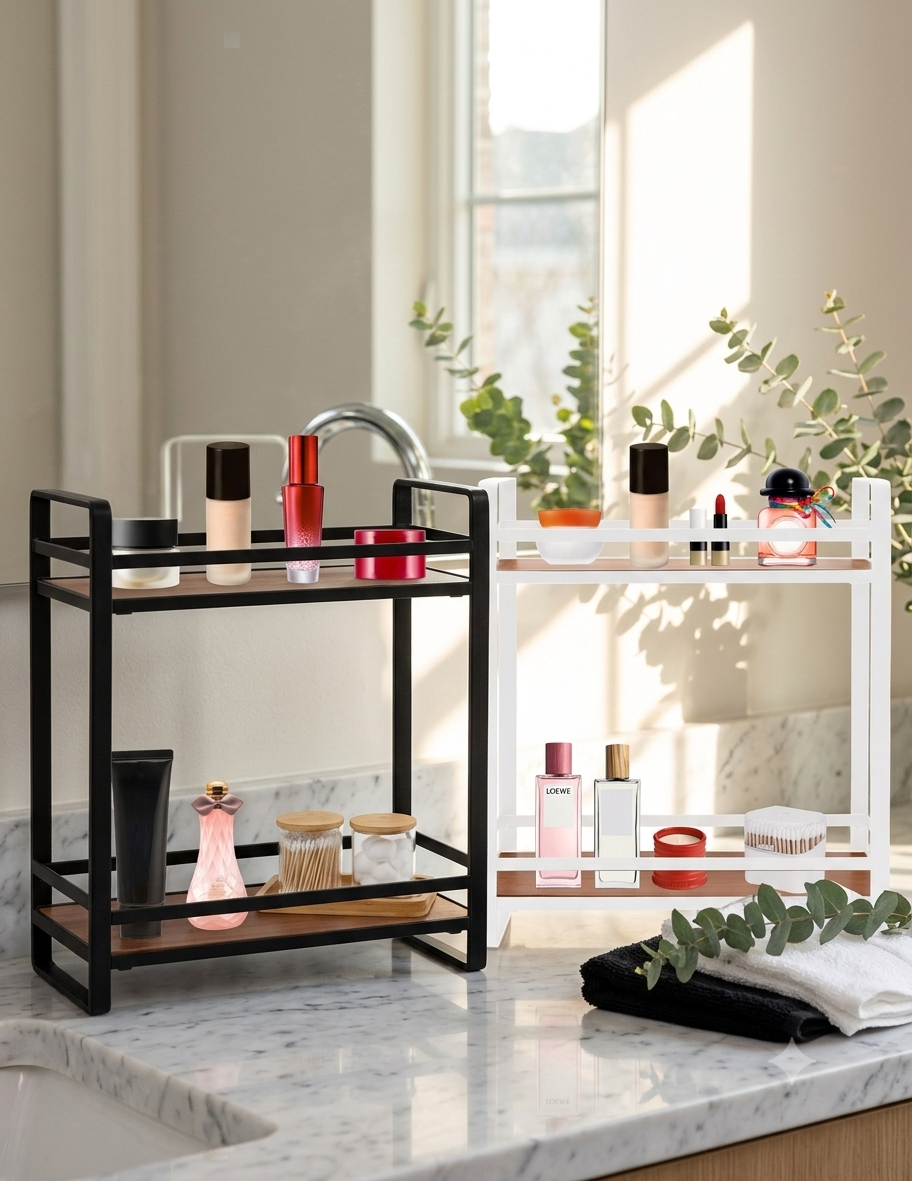 2-Tier Metal and Wood Bathroom Organizer Shelf | Vanity & Countertop Storage Rack