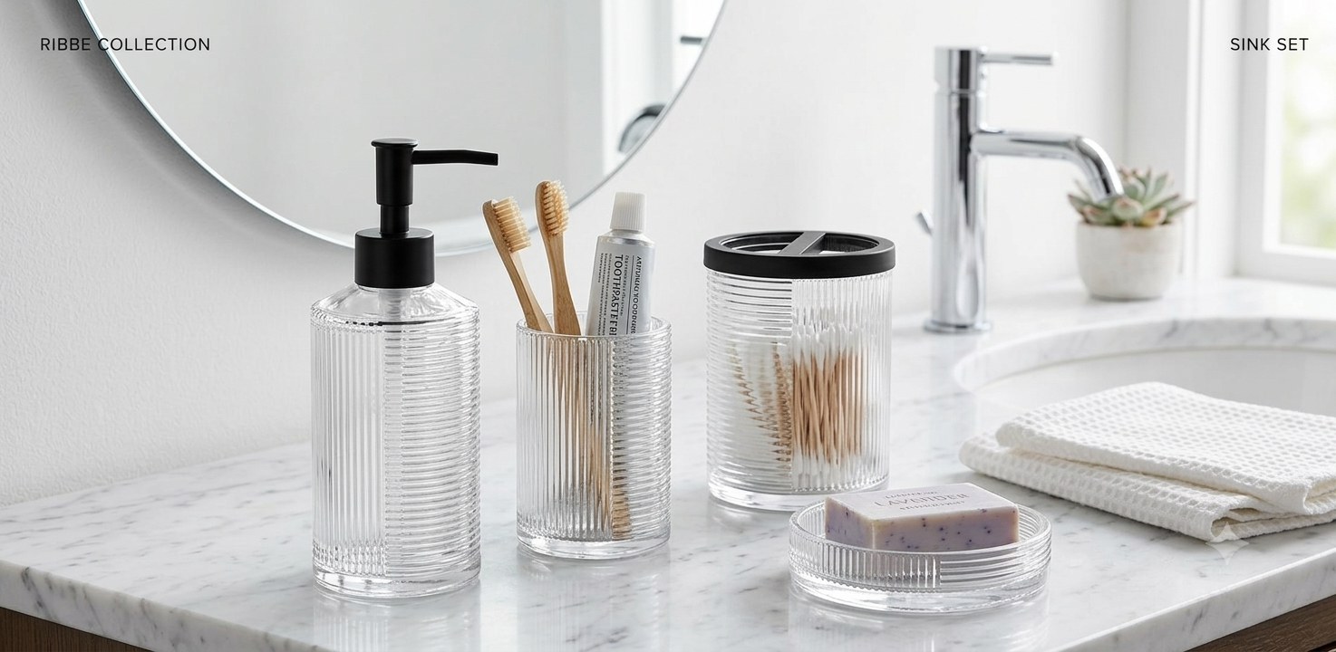 4-Piece Ribbed Glass Bathroom Accessories Set – Clear & Black